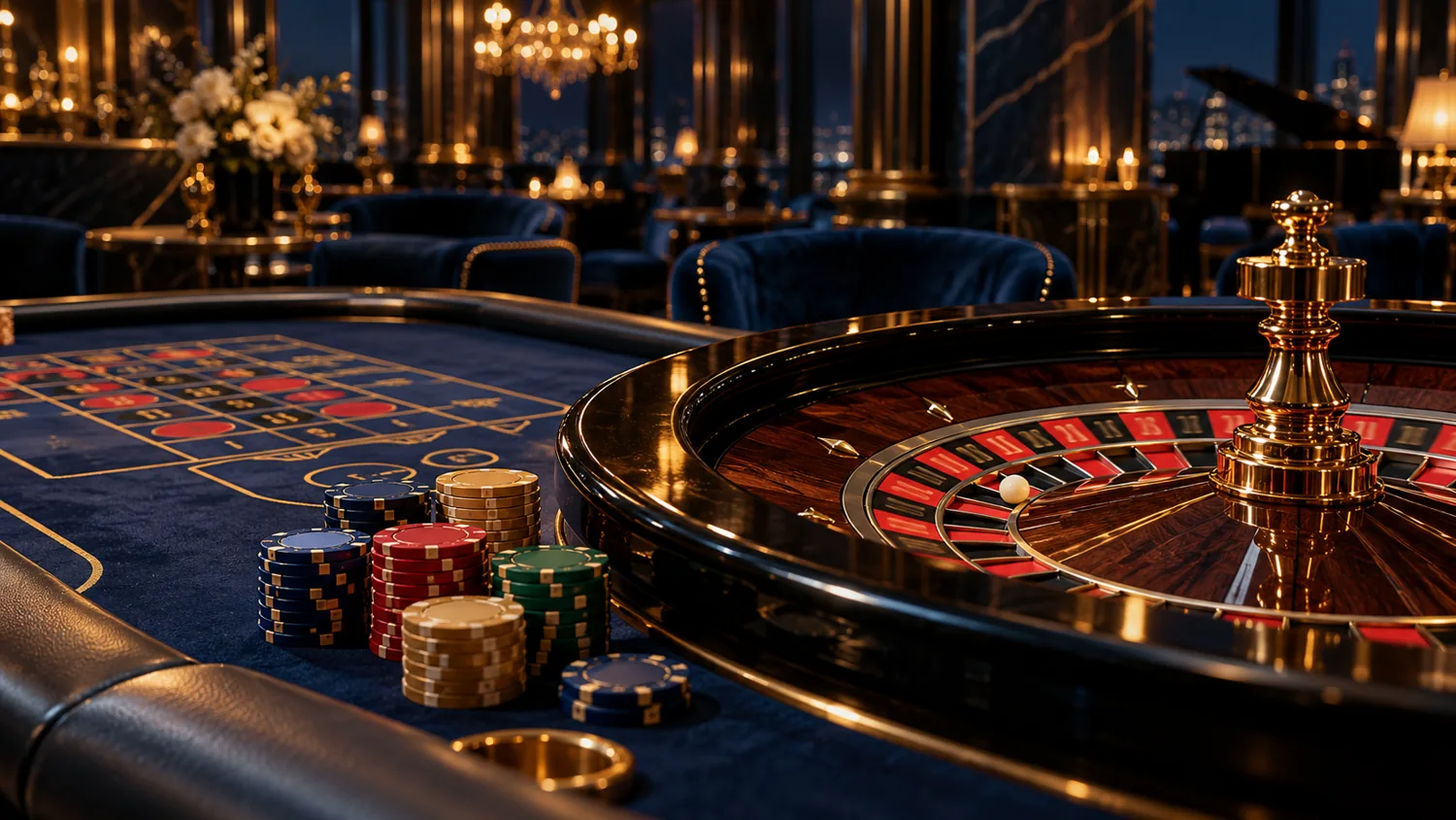 Mavi ve altın tonlarda rulet masası ve casino fişleri